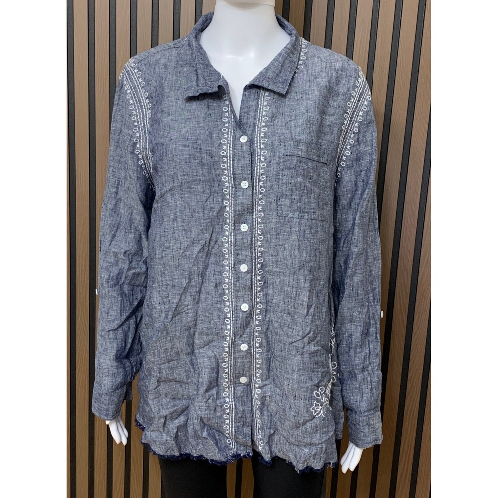 John Mark Blue Embroidered 100% Linen Button Down Shirt L Roll Tab Sleeve